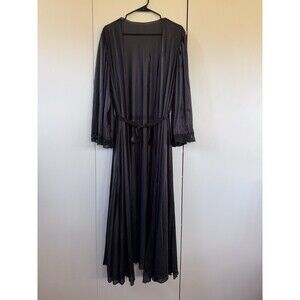 Vintage XL Gothic Black Sheer Silky Nylon Dressing Robe Lace Trim Kimono Sleeves